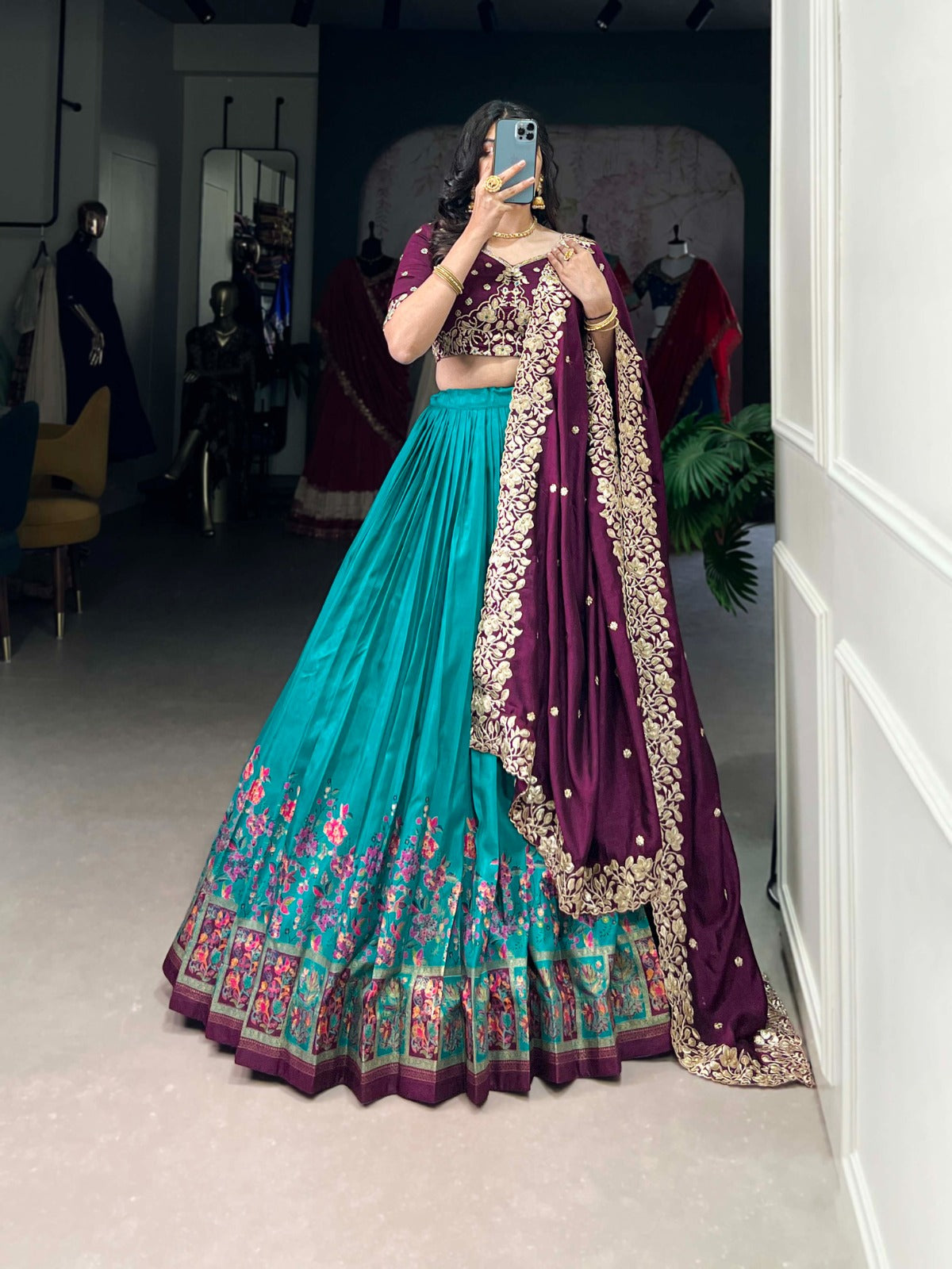 Exquisite Tussar Silk Printed Foil Worked Lehenga Choli