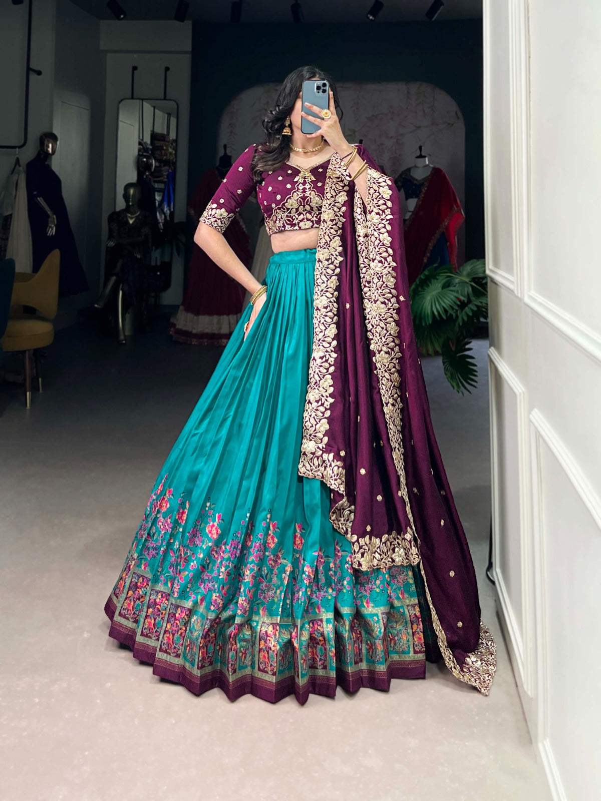 Exquisite Tussar Silk Printed Foil Worked Lehenga Choli