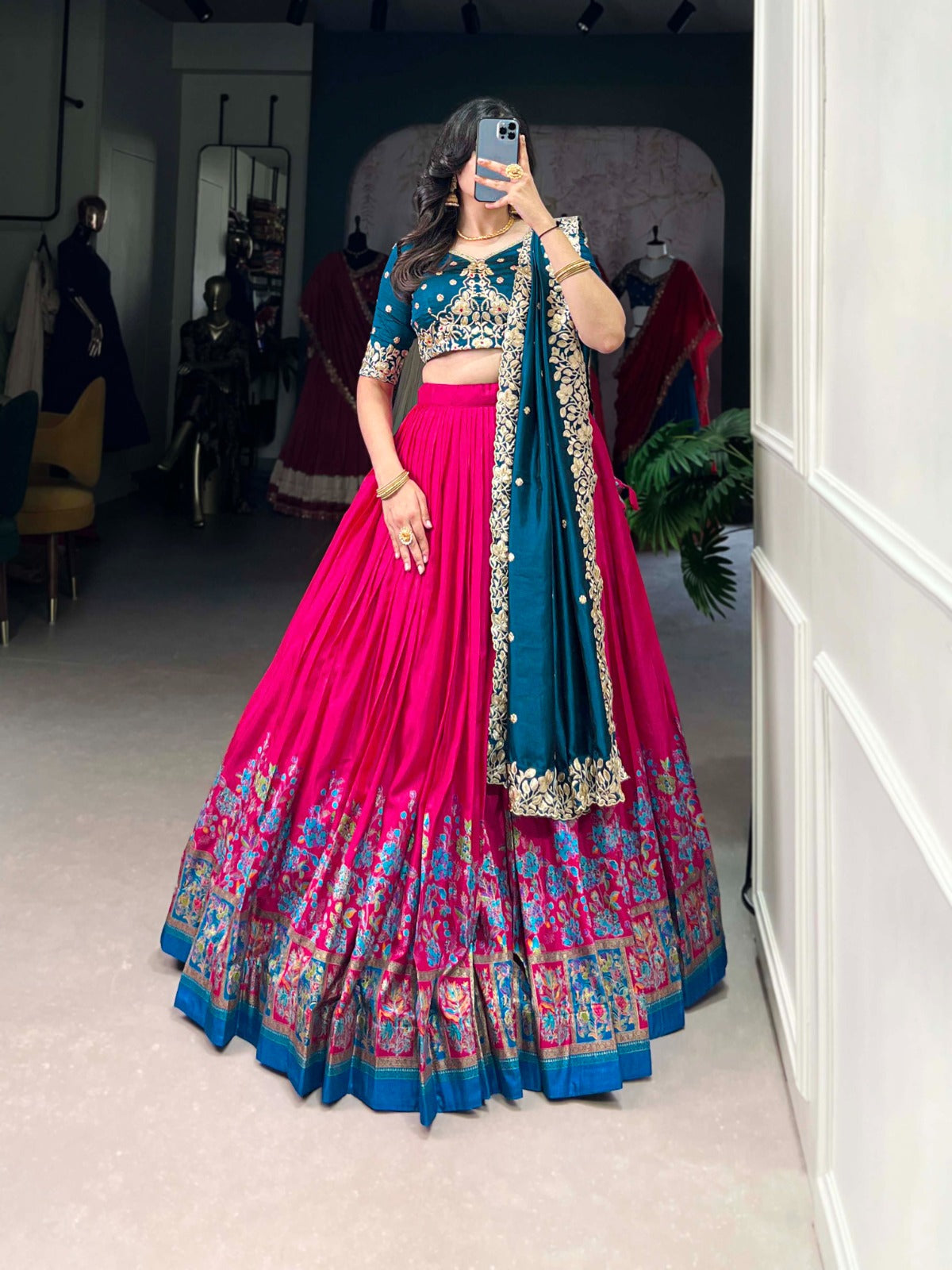 Exquisite Tussar Silk Printed Foil Worked Lehenga Choli