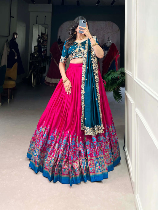 Exquisite Tussar Silk Printed Foil Worked Lehenga Choli