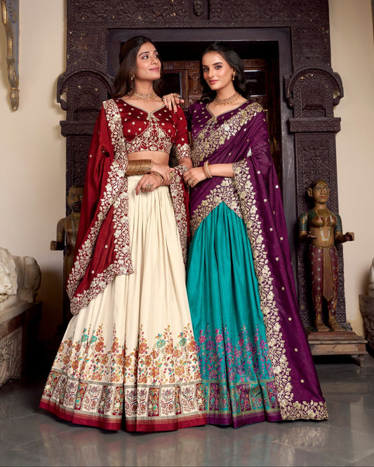 Exquisite Tussar Silk Printed Foil Worked Lehenga Choli Set
