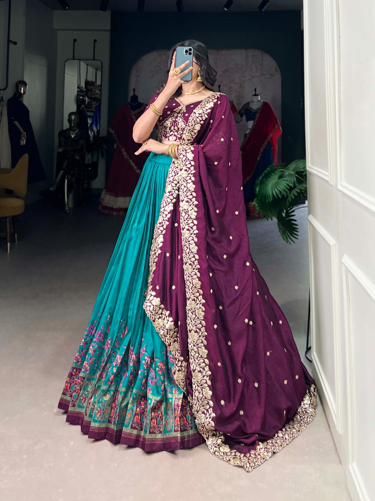 Exquisite Tussar Silk Printed Foil Worked Lehenga Choli