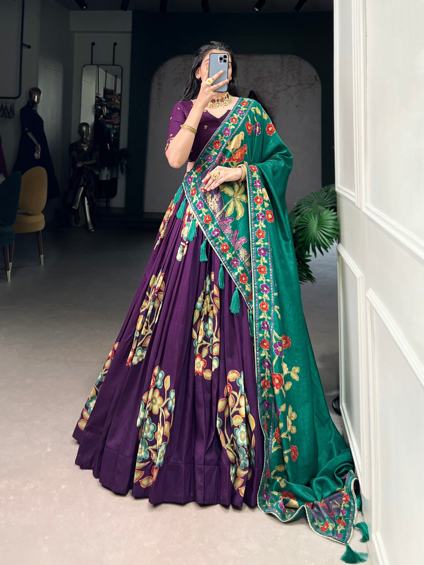 Magnificent Tussar Silk Printed Foil Worked Lehenga Choli