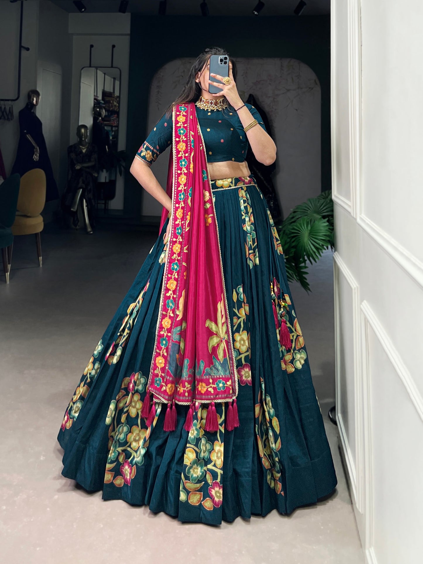 Magnificent Tussar Silk Printed Foil Worked Lehenga Choli