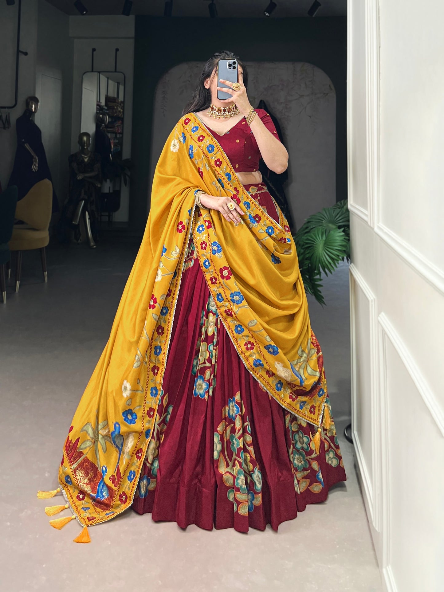 Magnificent Tussar Silk Printed Foil Worked Lehenga Choli