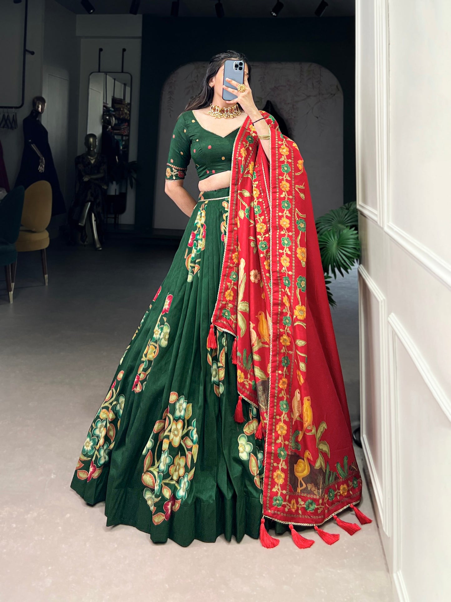 Magnificent Tussar Silk Printed Foil Worked Lehenga Choli