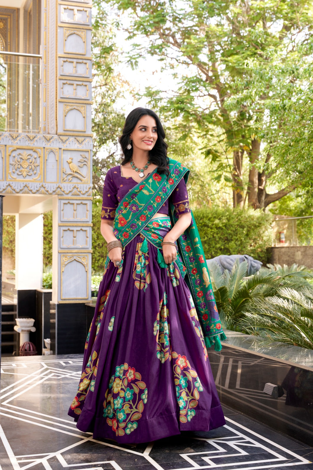 Magnificent Tussar Silk Printed Foil Worked Lehenga Choli