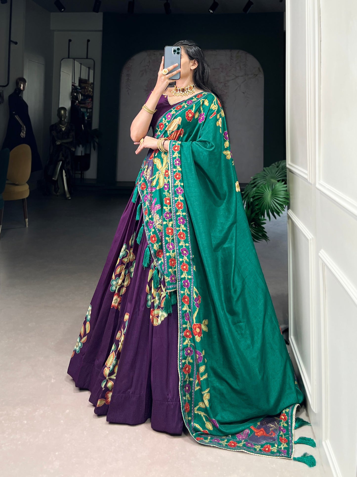 Magnificent Tussar Silk Printed Foil Worked Lehenga Choli