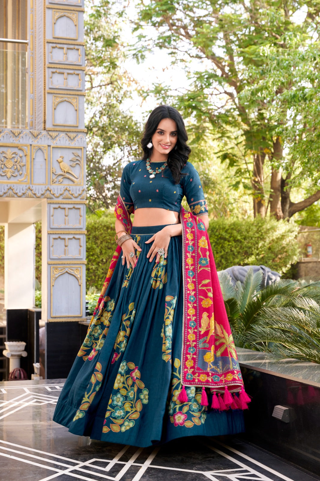 Magnificent Tussar Silk Printed Foil Worked Lehenga Choli