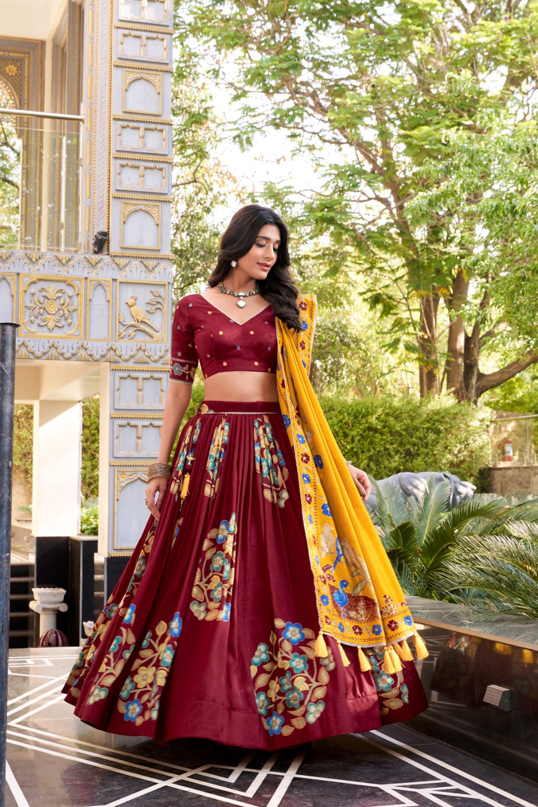 Magnificent Tussar Silk Printed Foil Worked Lehenga Choli