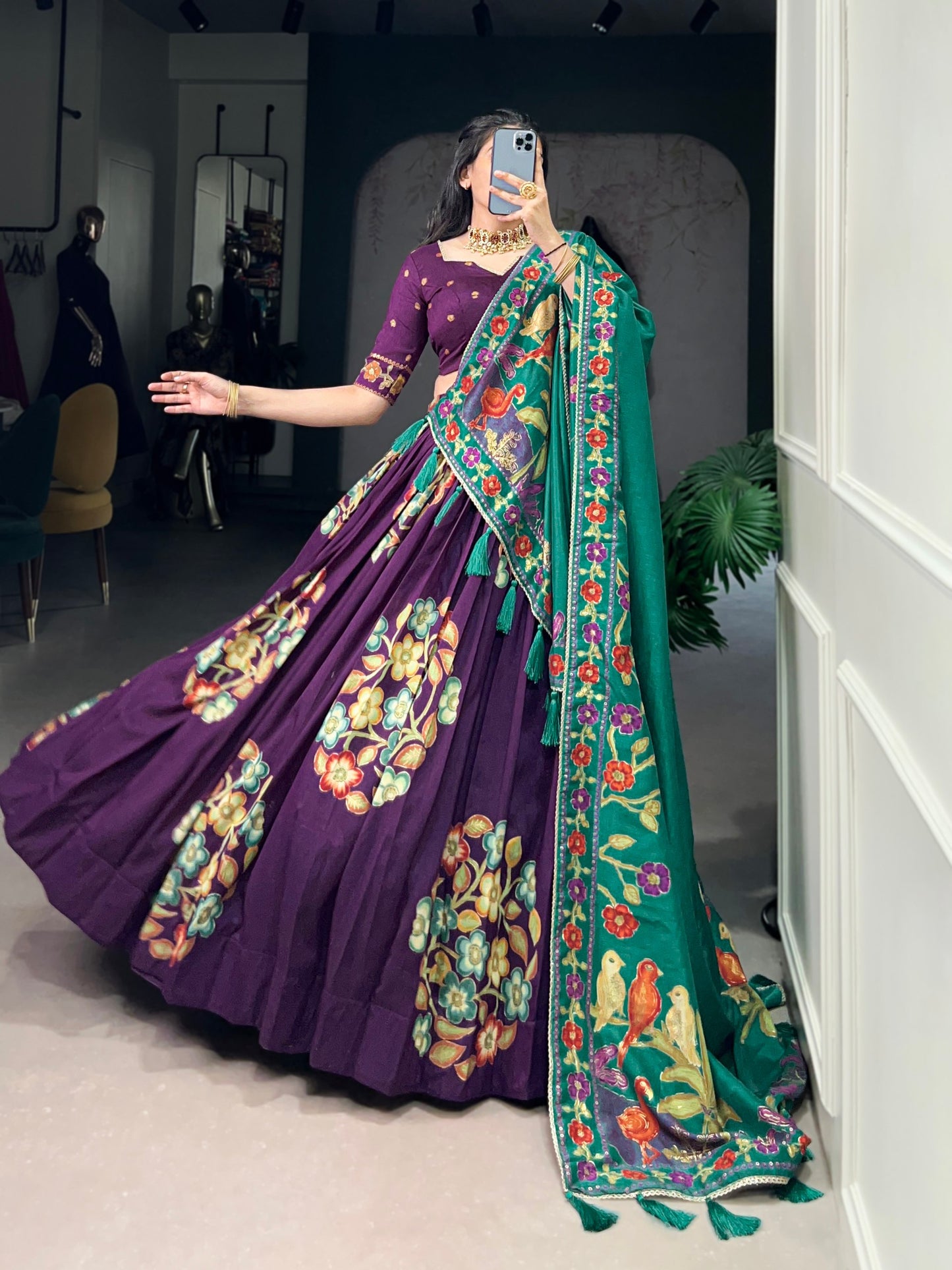 Magnificent Tussar Silk Printed Foil Worked Lehenga Choli