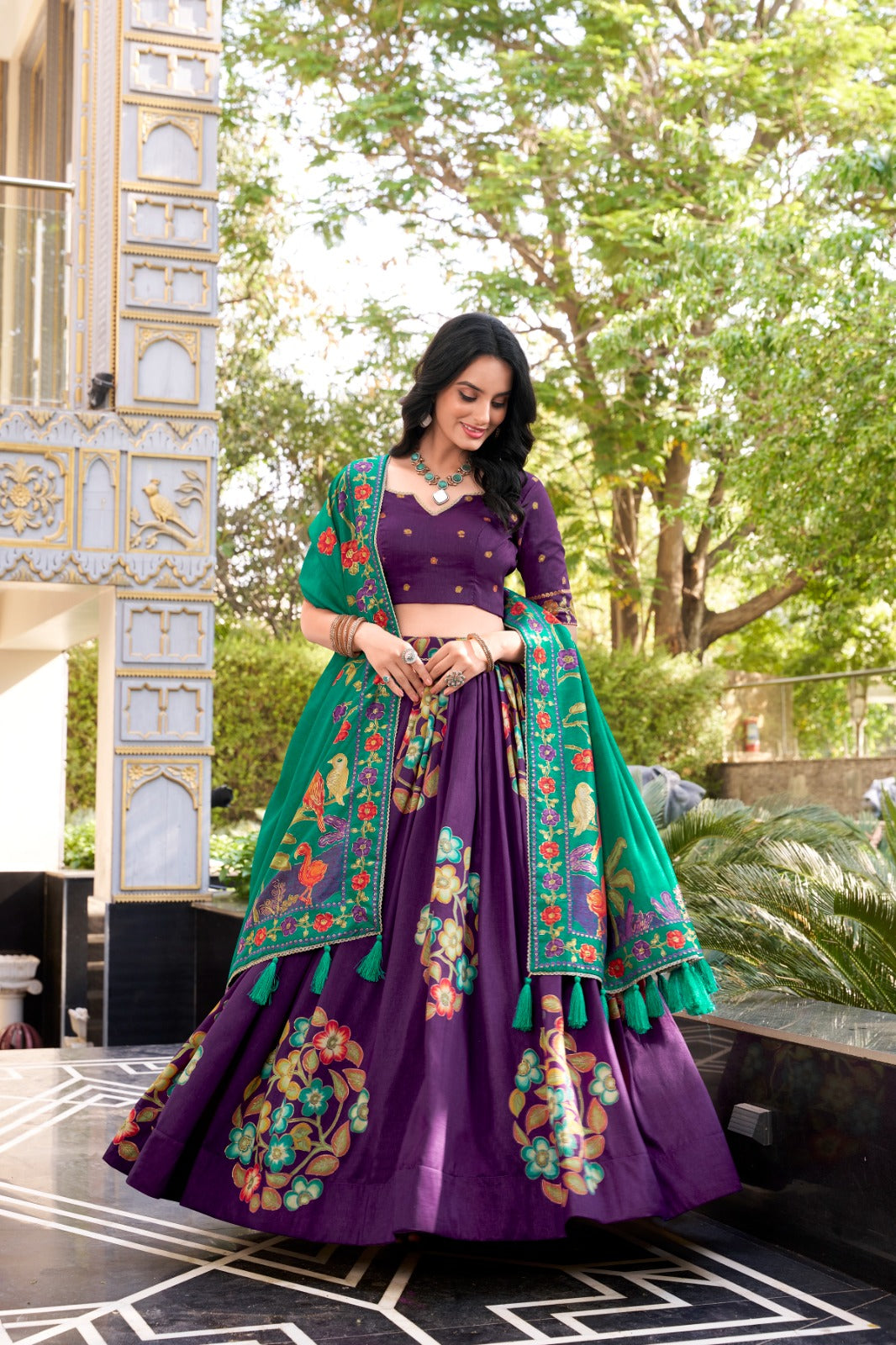Magnificent Tussar Silk Printed Foil Worked Lehenga Choli