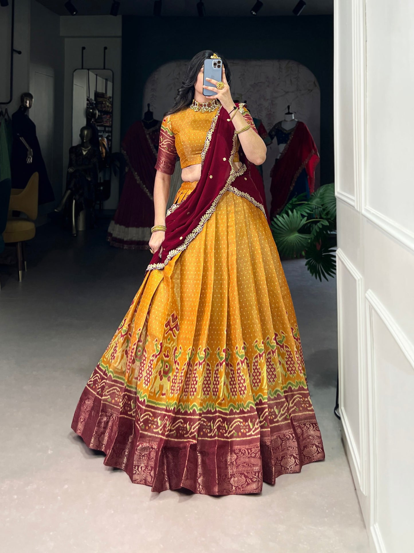 Ravishing Kanchipuram Silk Printed Weaving Worked Lehenga Choli
