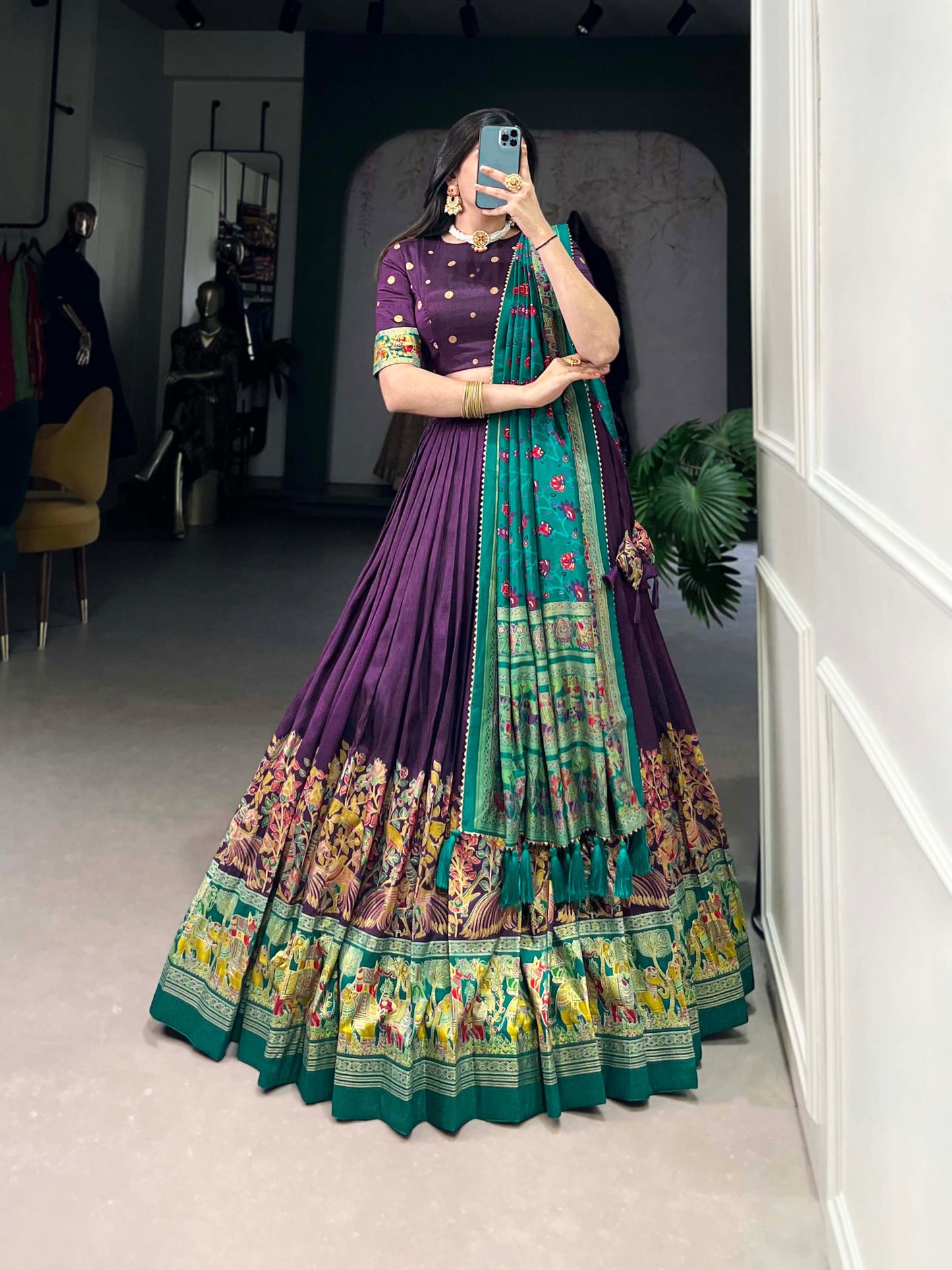Stunning Tussar Silk Printed Foil Worked Lehenga Choli Set