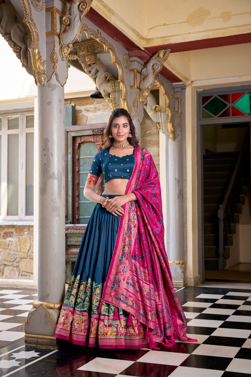 Stunning Tussar Silk Printed Foil Worked Lehenga Choli Set