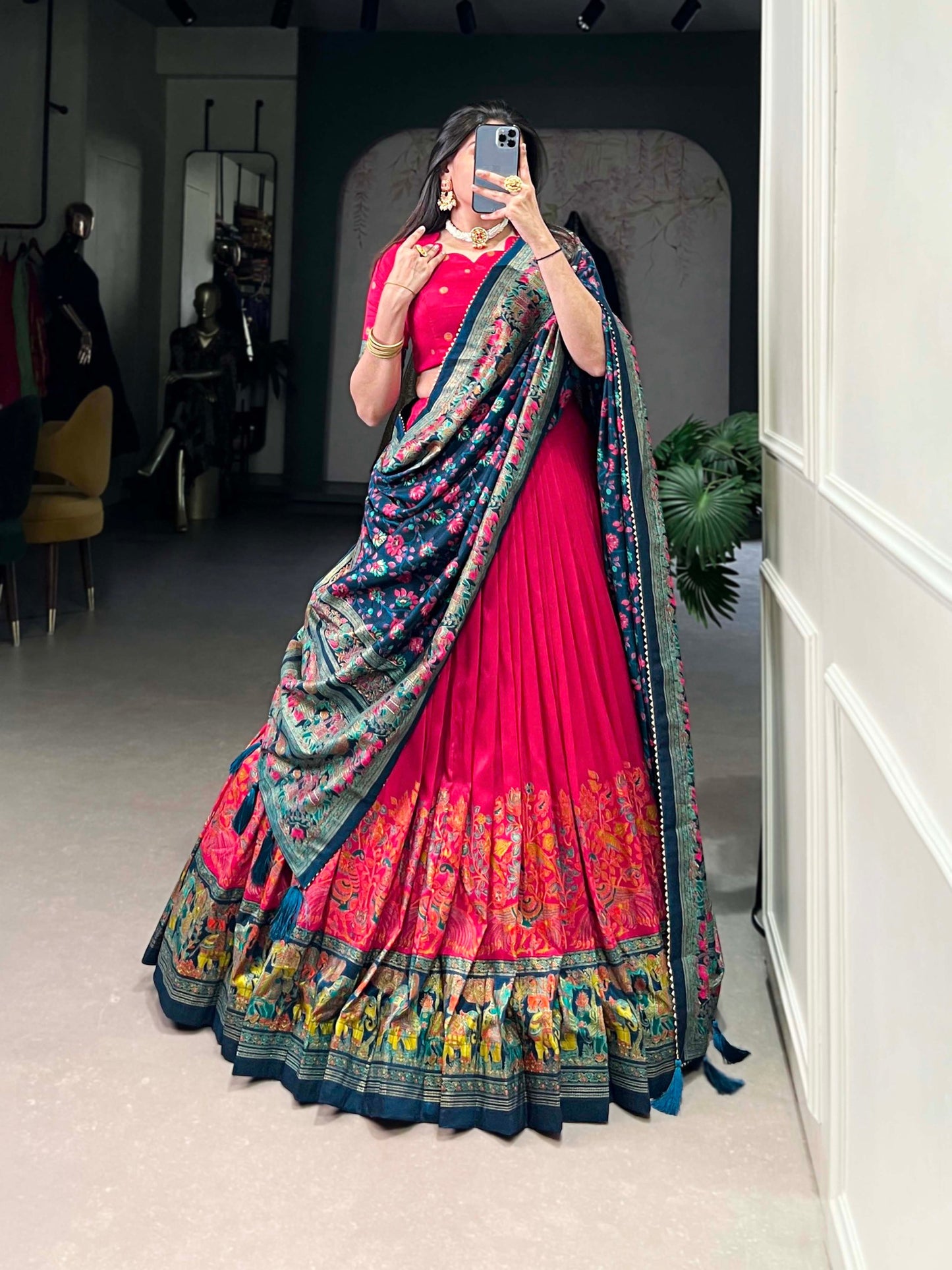 Stunning Tussar Silk Printed Foil Worked Lehenga Choli Set
