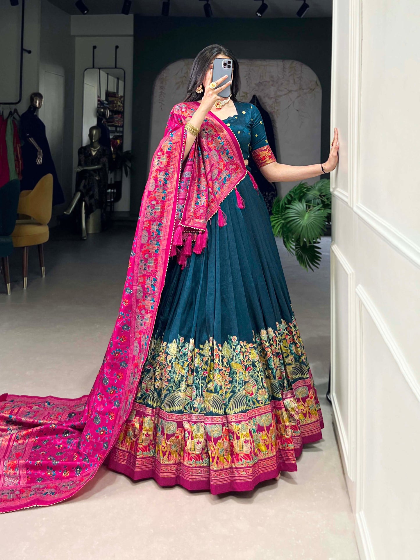 Stunning Tussar Silk Printed Foil Worked Lehenga Choli Set