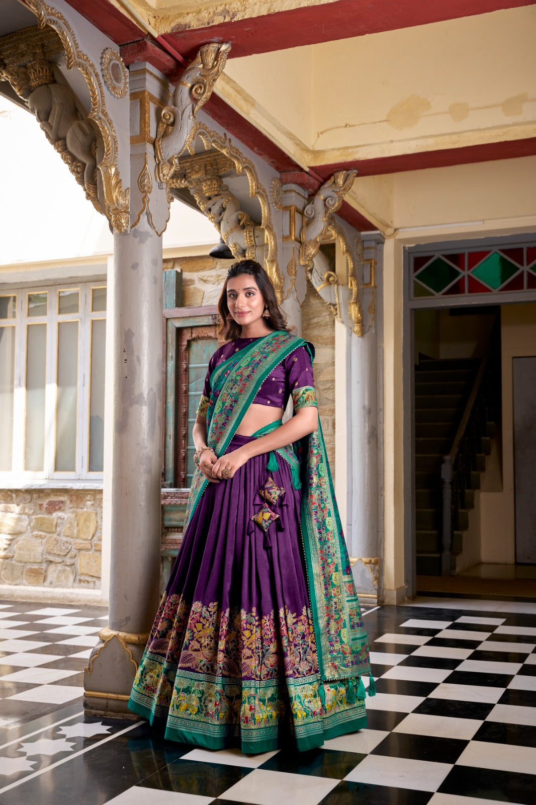 Stunning Tussar Silk Printed Foil Worked Lehenga Choli Set