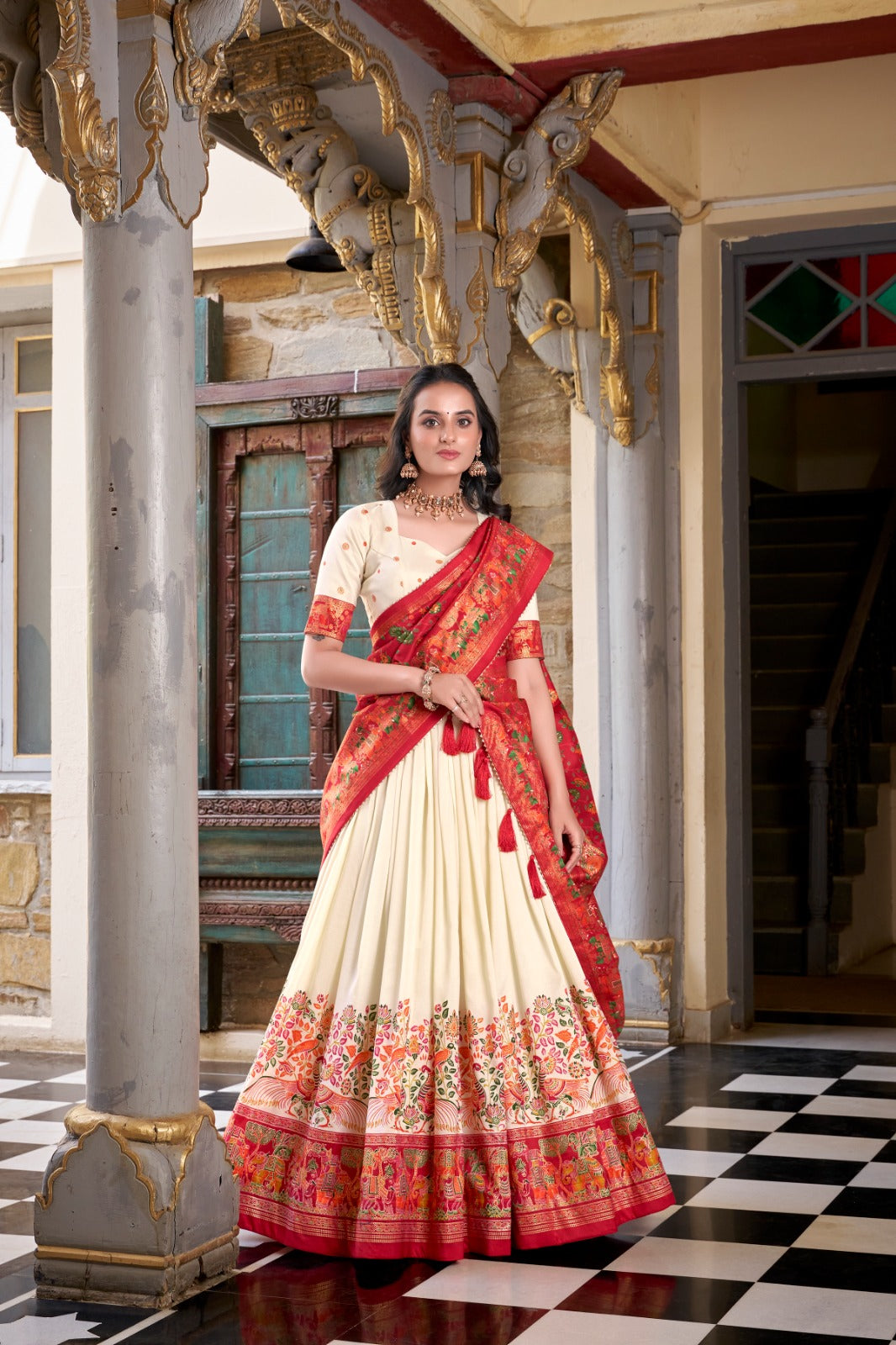Stunning Tussar Silk Printed Foil Worked Lehenga Choli Set