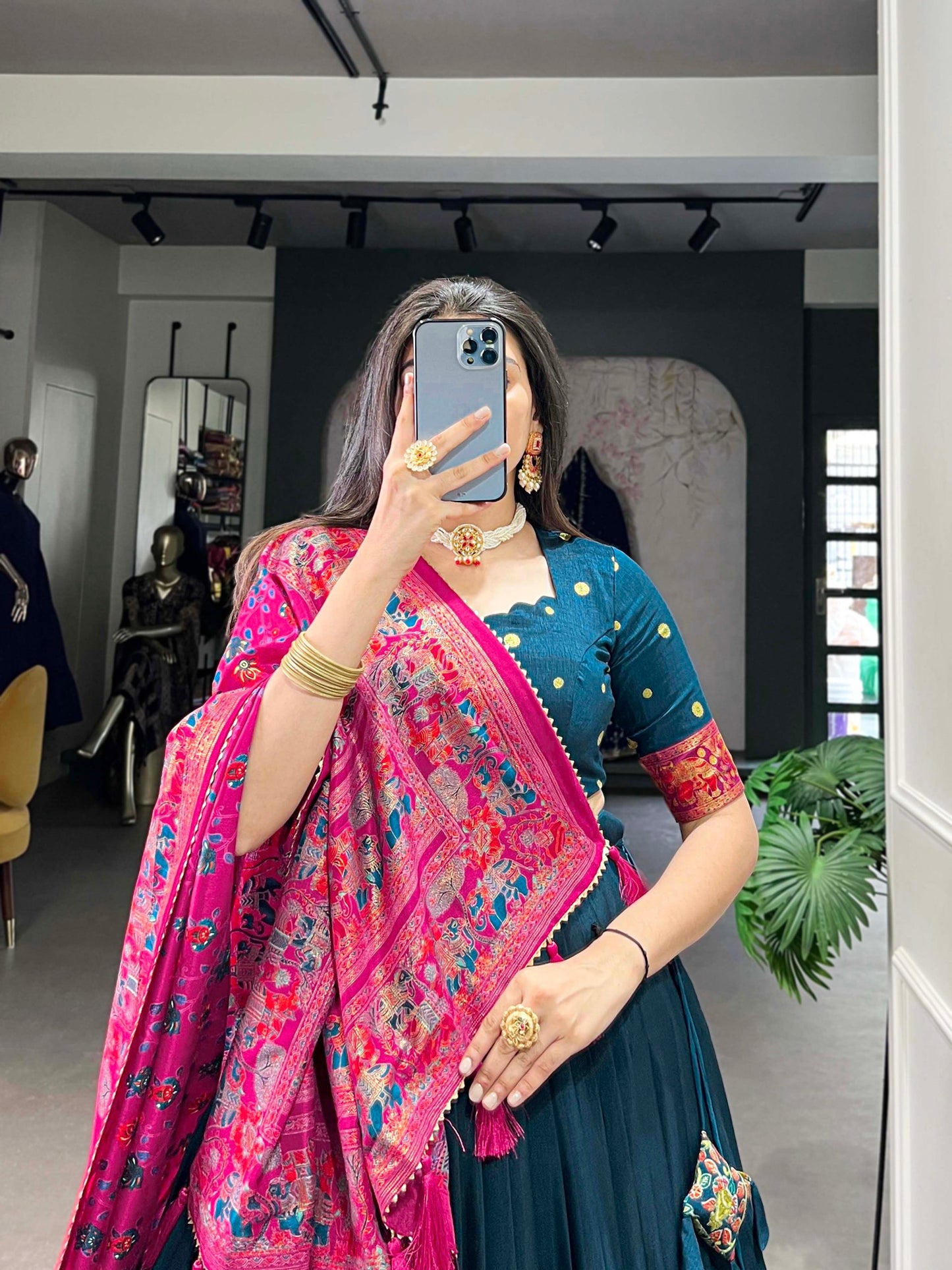 Stunning Tussar Silk Printed Foil Worked Lehenga Choli Set
