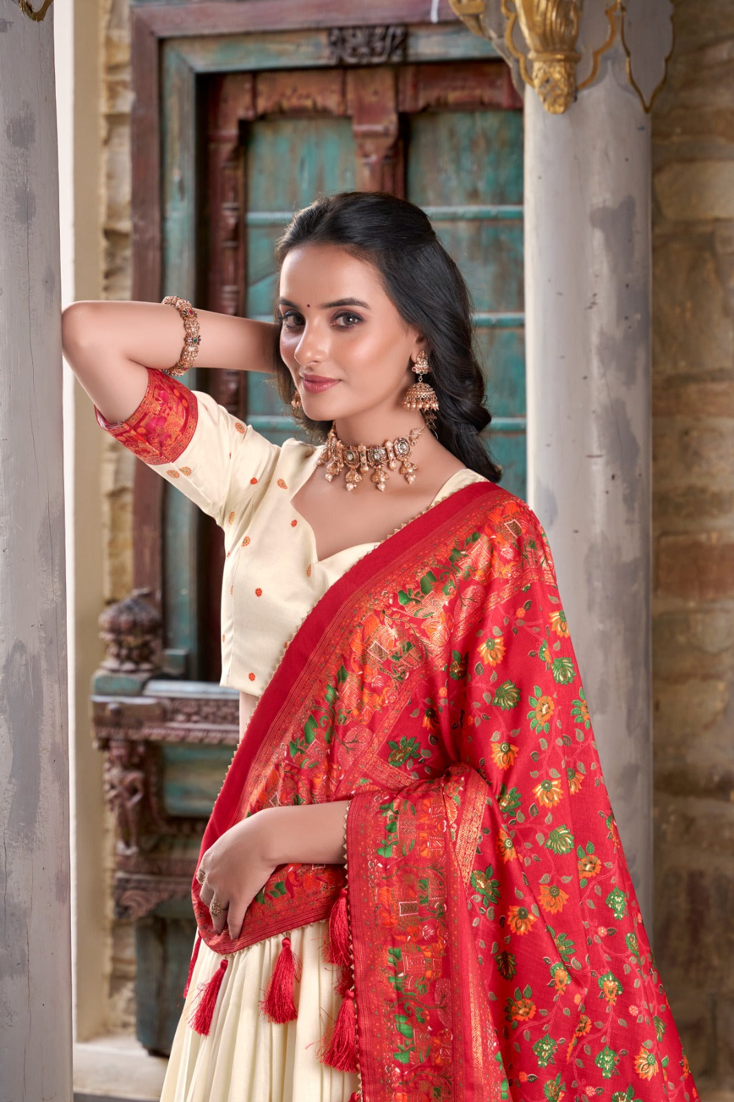 Stunning Tussar Silk Printed Foil Worked Lehenga Choli Set