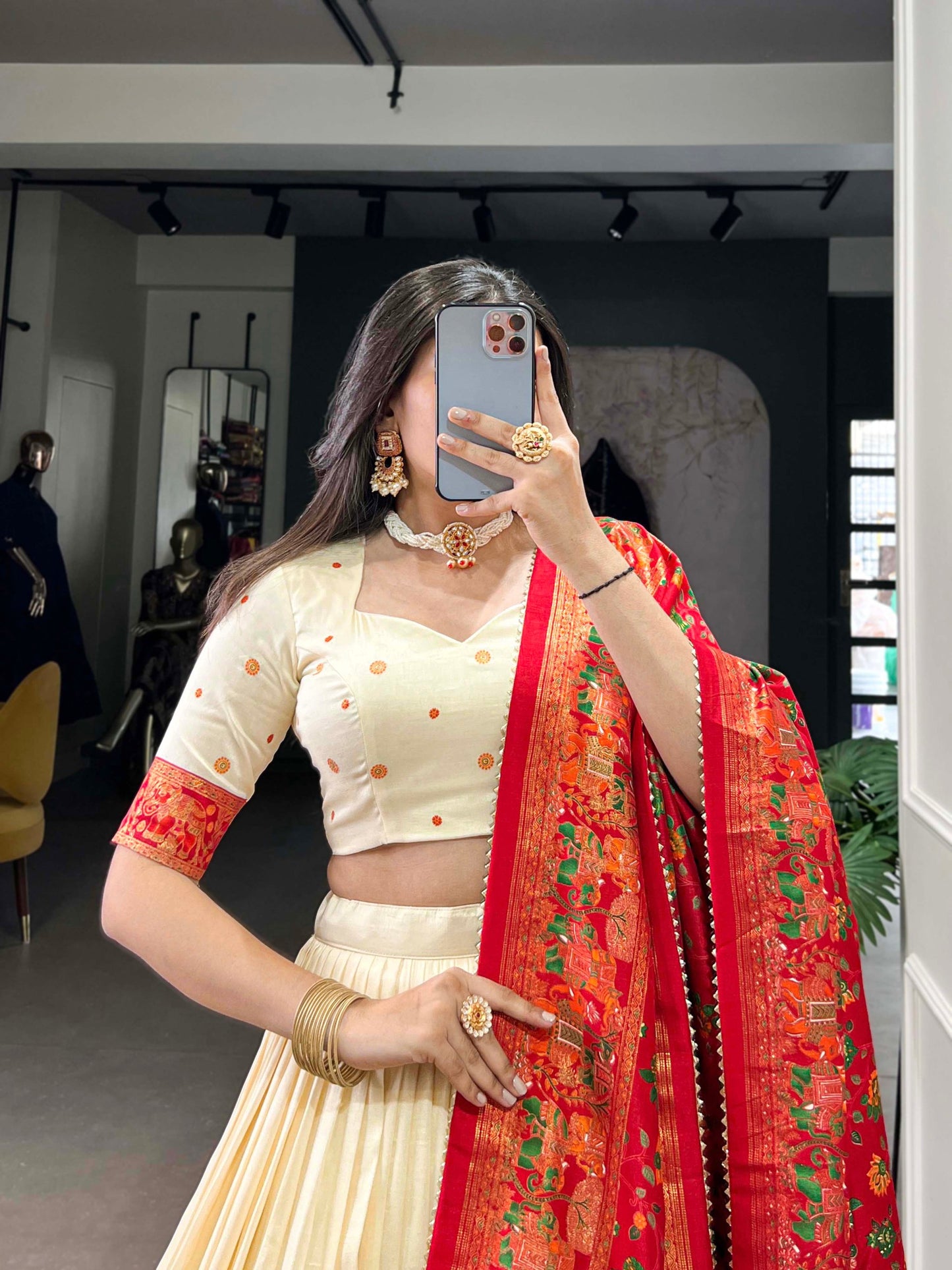 Stunning Tussar Silk Printed Foil Worked Lehenga Choli Set