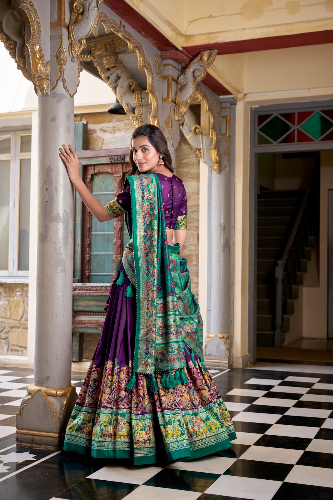 Stunning Tussar Silk Printed Foil Worked Lehenga Choli Set