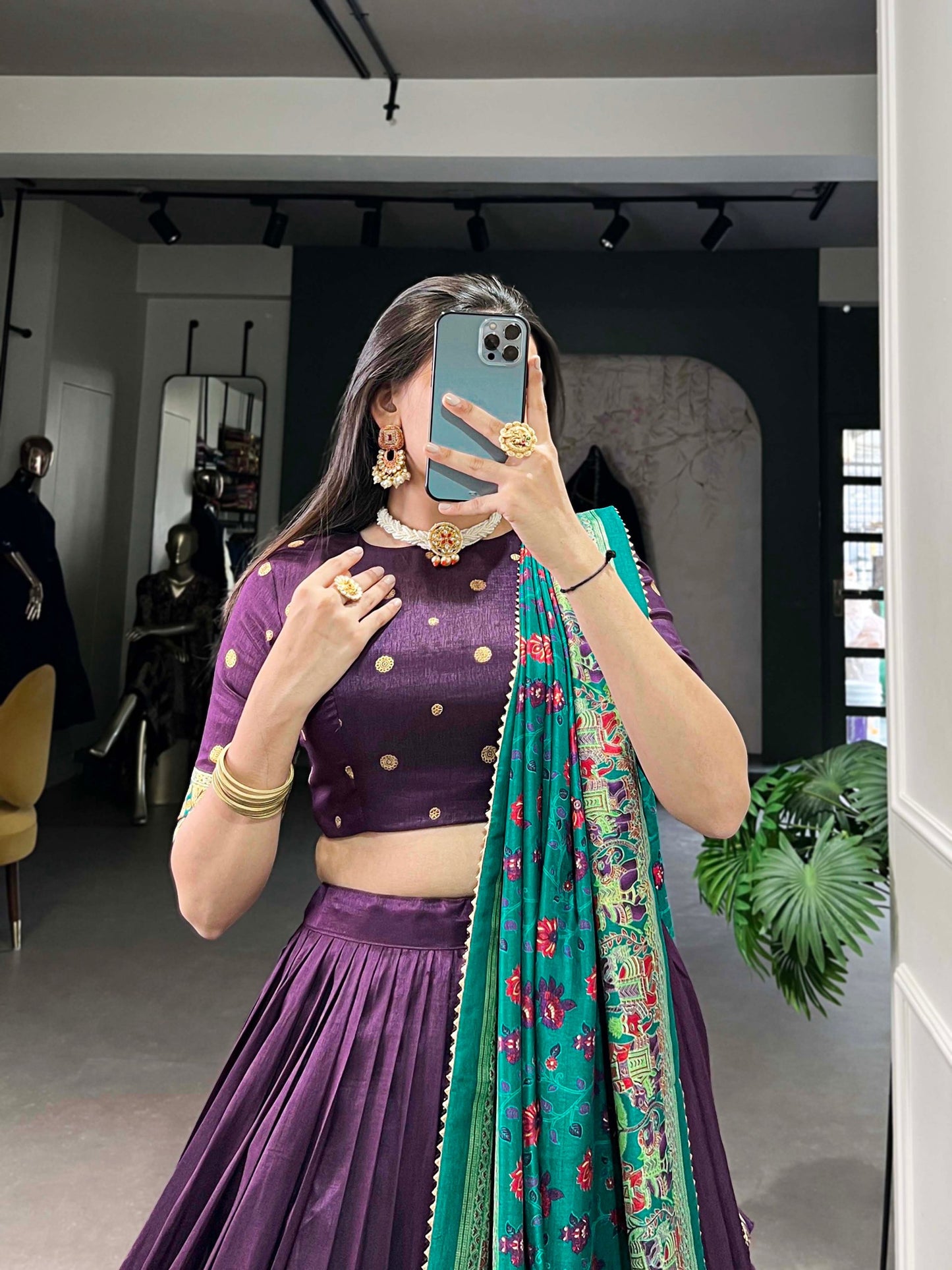 Stunning Tussar Silk Printed Foil Worked Lehenga Choli Set