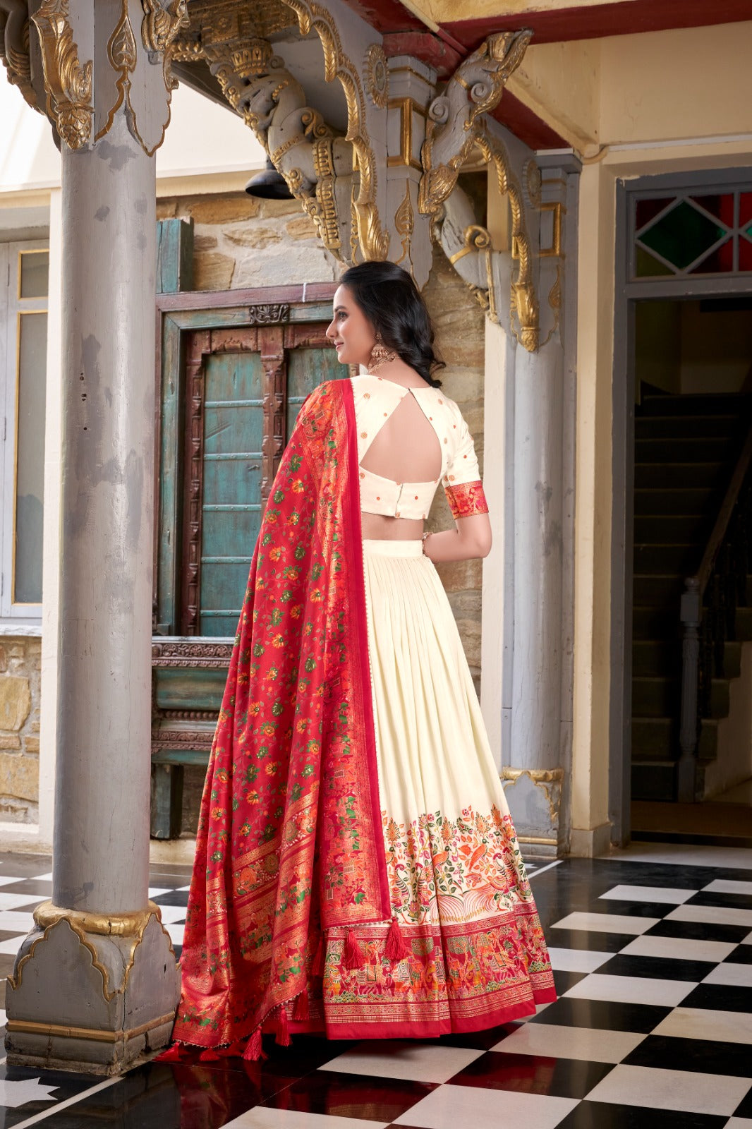 Stunning Tussar Silk Printed Foil Worked Lehenga Choli Set