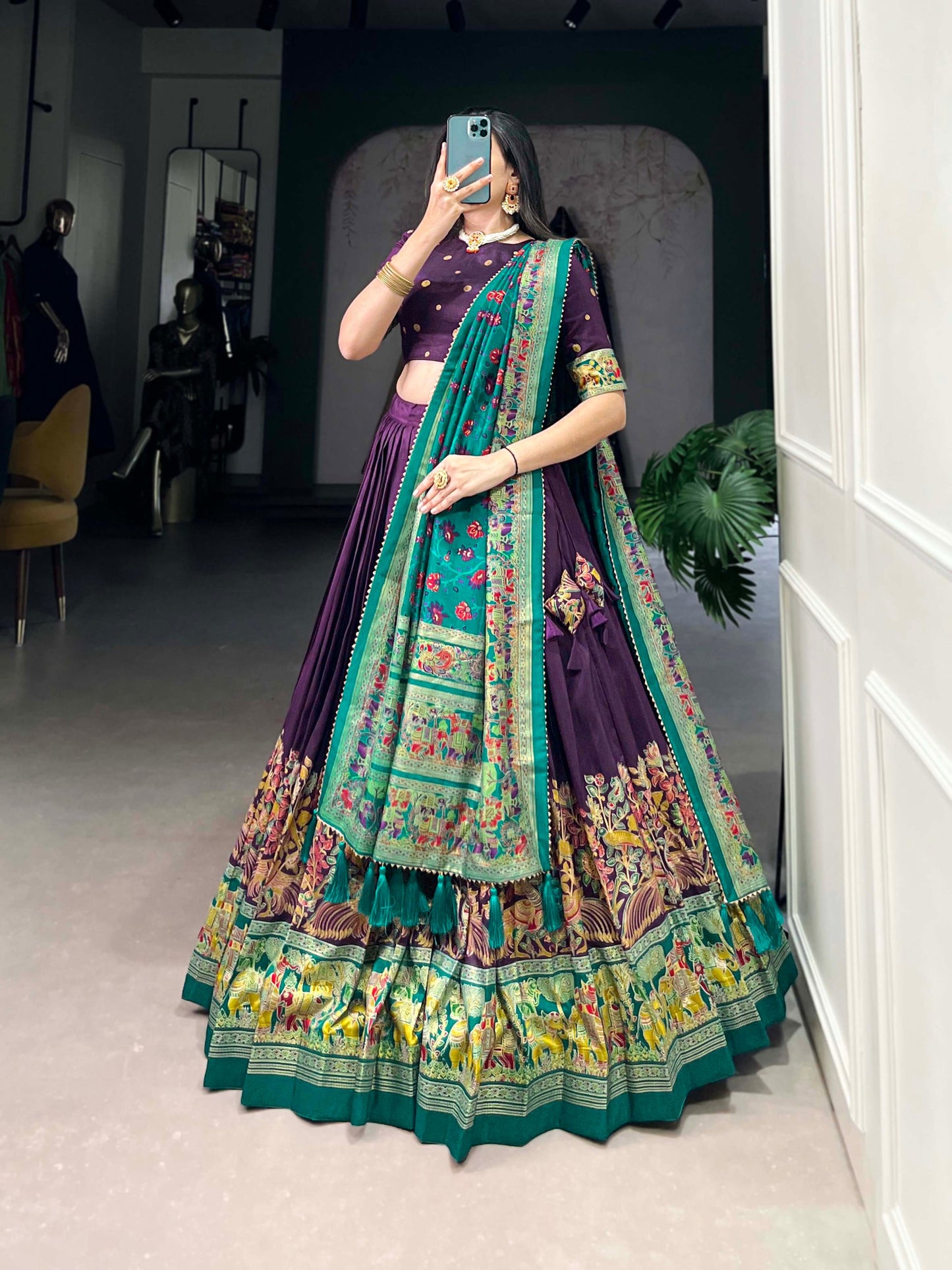 Stunning Tussar Silk Printed Foil Worked Lehenga Choli Set
