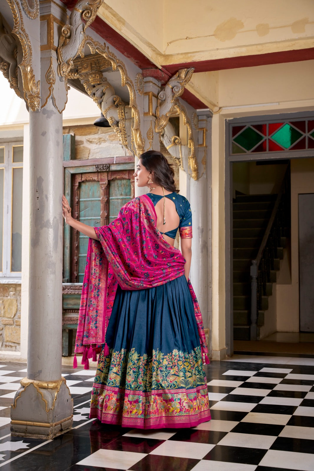 Stunning Tussar Silk Printed Foil Worked Lehenga Choli Set