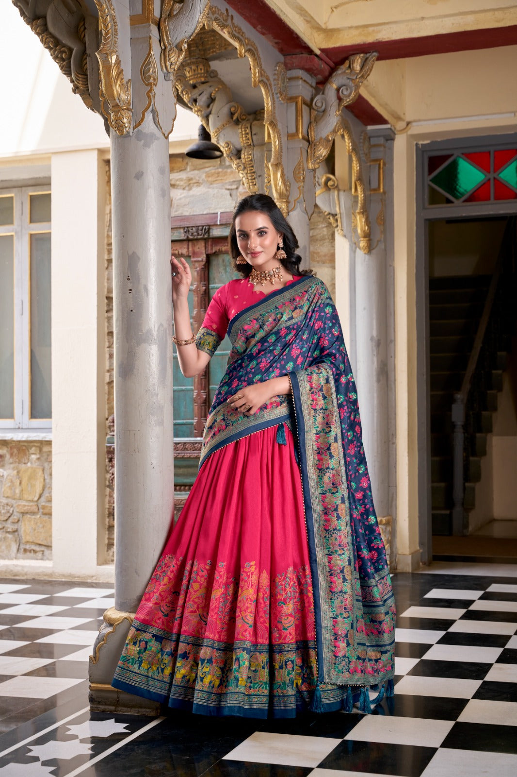 Stunning Tussar Silk Printed Foil Worked Lehenga Choli Set