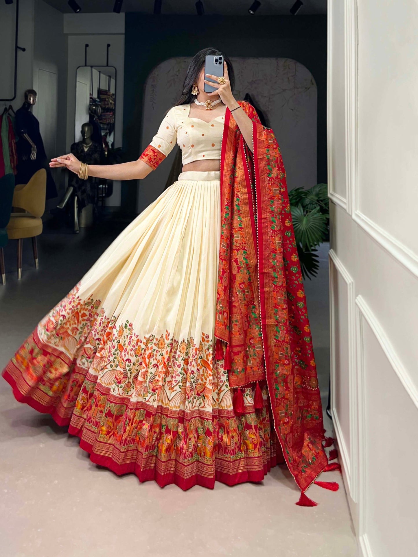 Stunning Tussar Silk Printed Foil Worked Lehenga Choli Set