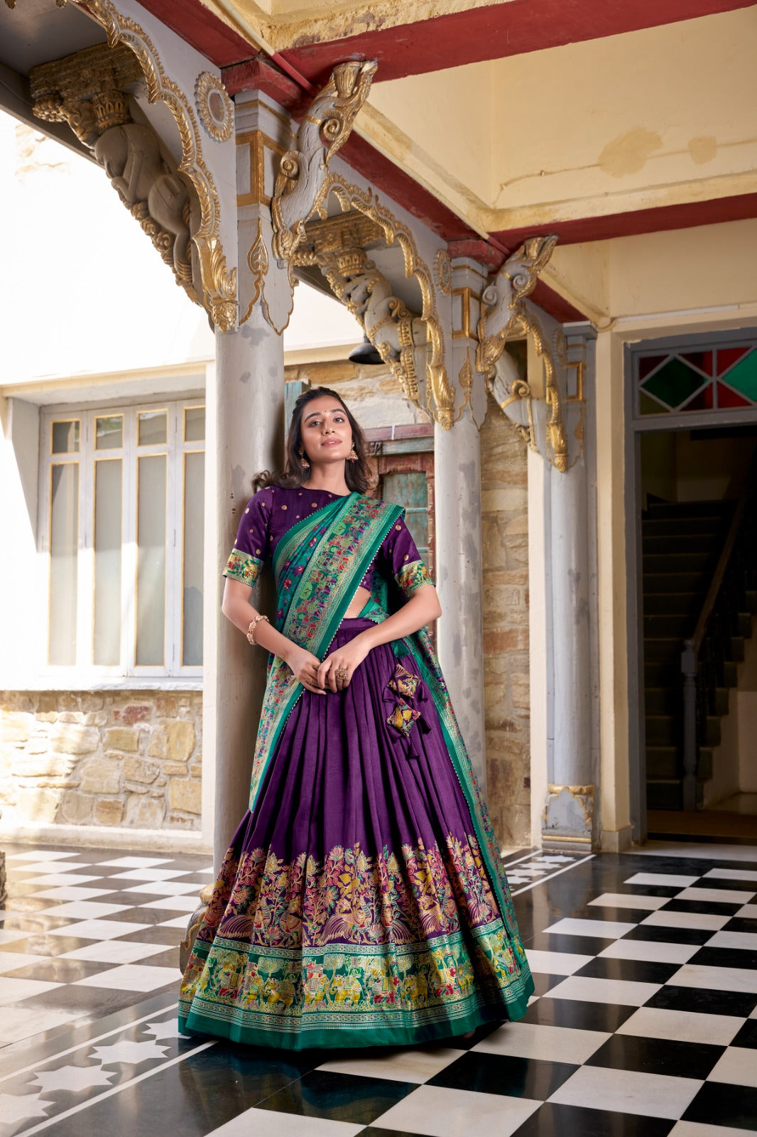 Stunning Tussar Silk Printed Foil Worked Lehenga Choli Set