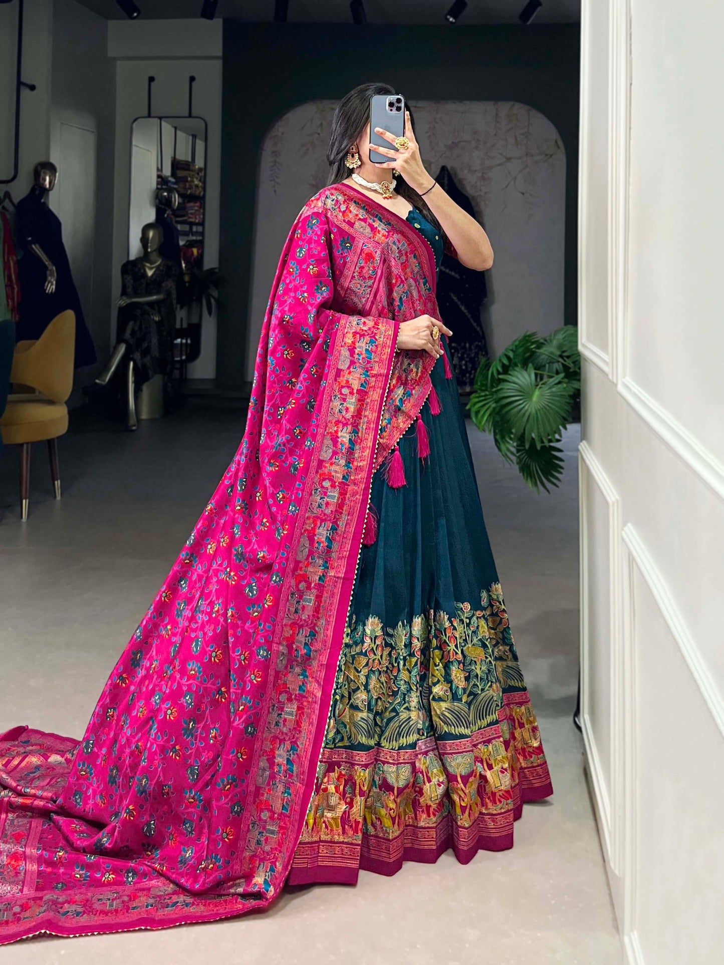 Stunning Tussar Silk Printed Foil Worked Lehenga Choli Set