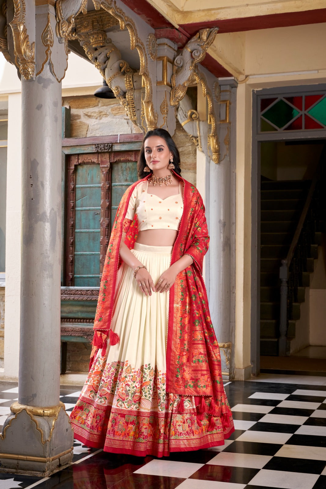 Stunning Tussar Silk Printed Foil Worked Lehenga Choli Set