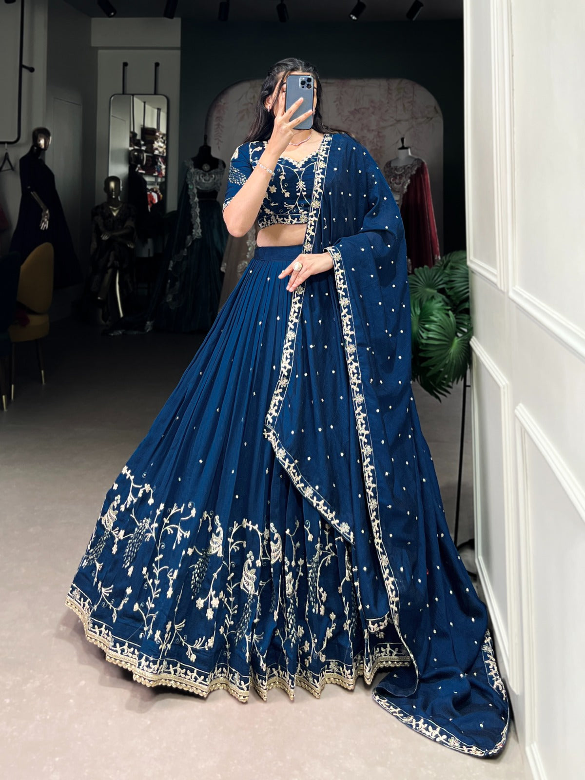Enchanting Blue Vichitra Silk Sequins Thread Worked Lehenga Choli