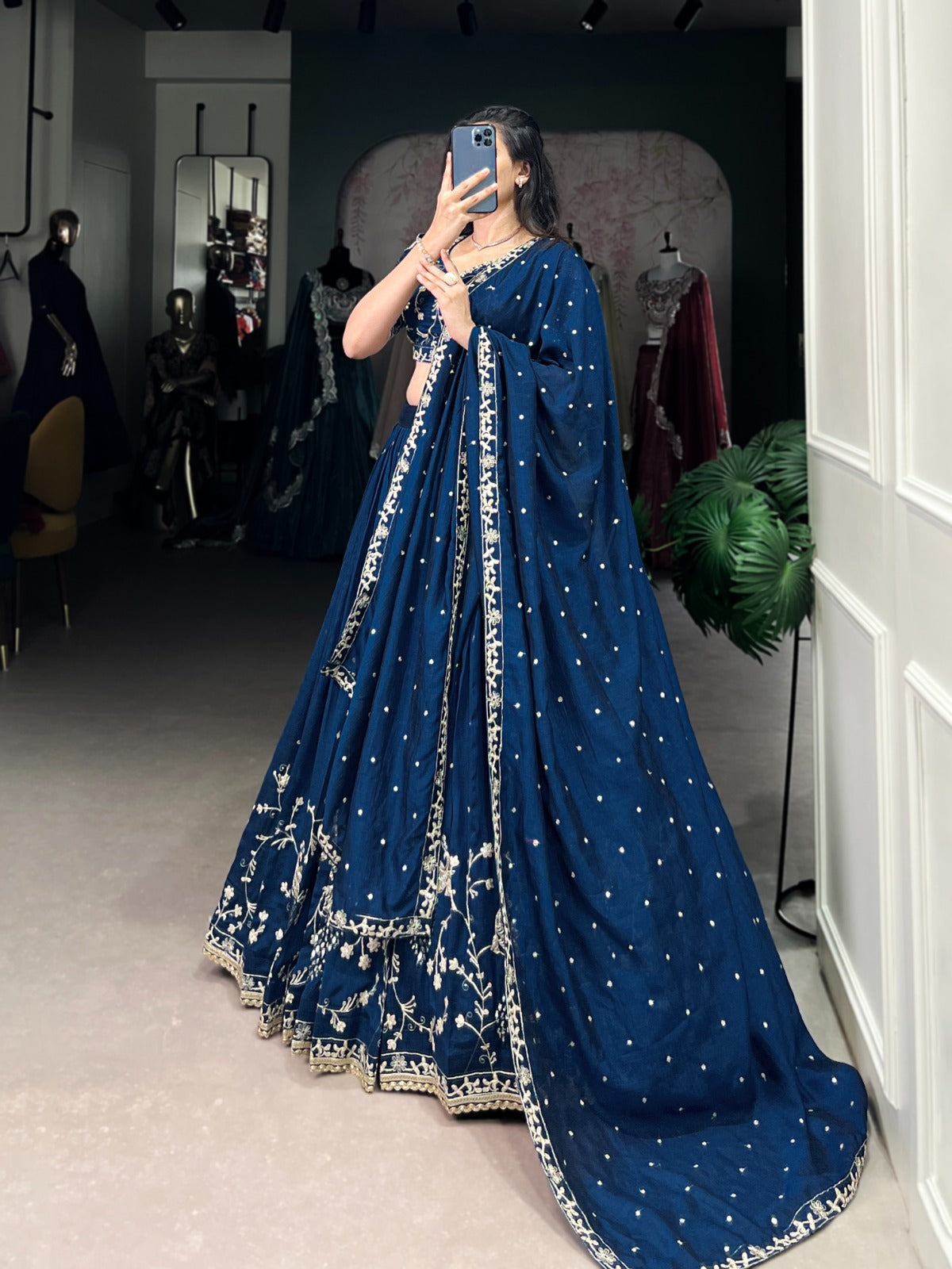 Enchanting Blue Vichitra Silk Sequins Thread Worked Lehenga Choli