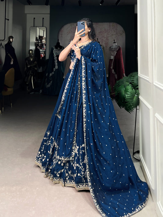 Enchanting Blue Vichitra Silk Sequins Thread Worked Lehenga Choli