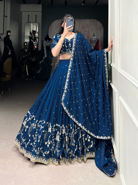 Enchanting Blue Vichitra Silk Sequins Thread Worked Lehenga Choli