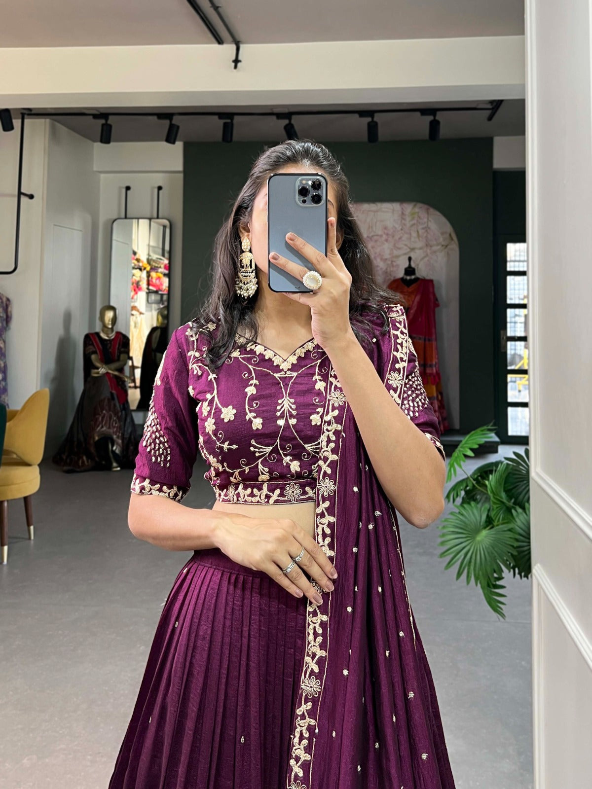 Enchanting Wine Vichitra Silk Sequins Thread Worked Lehenga Choli - Ethnicwish