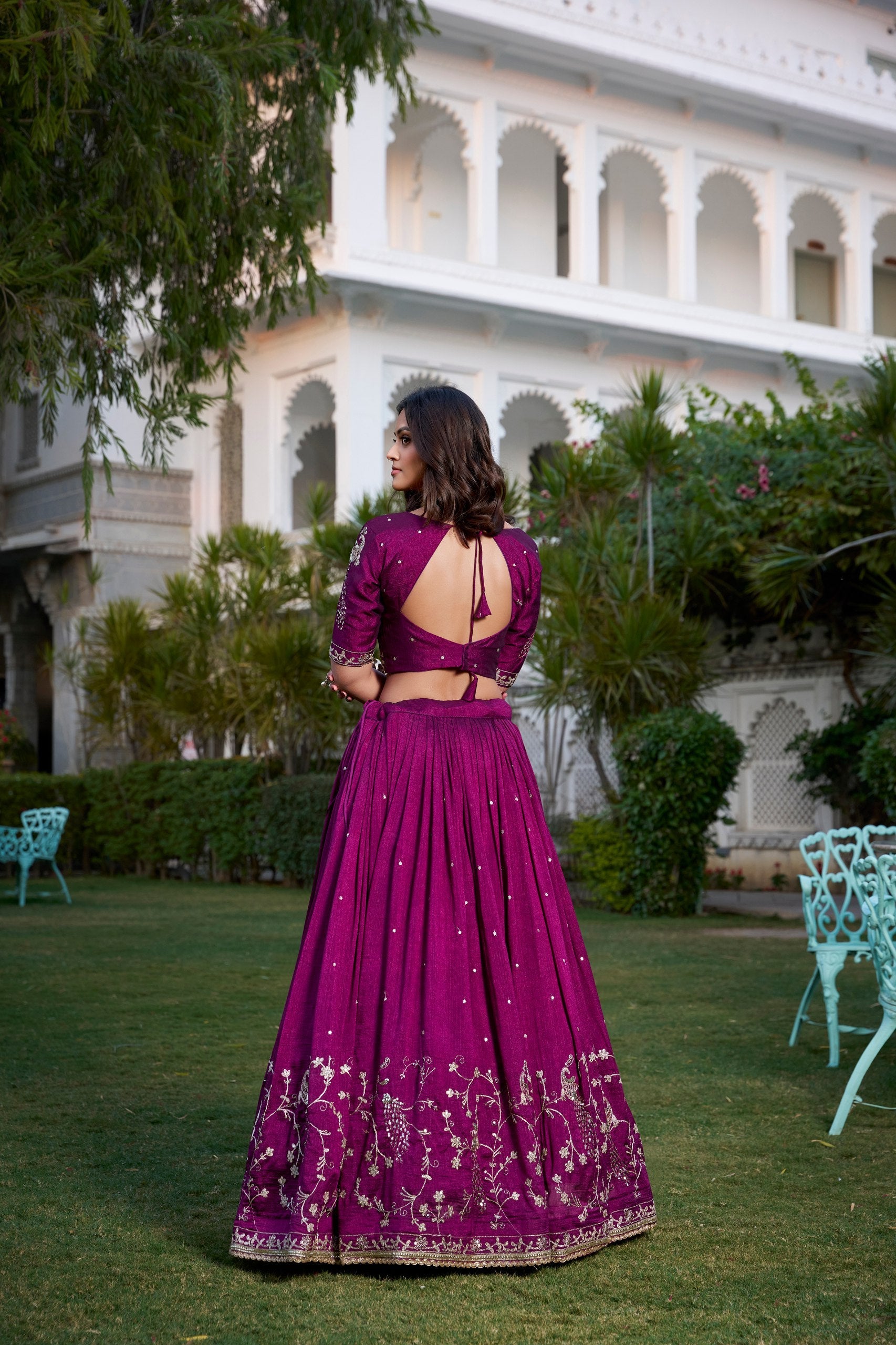 Enchanting Wine Vichitra Silk Sequins Thread Worked Lehenga Choli - Ethnicwish