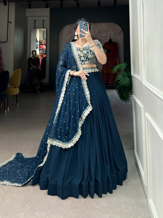 Radiant Teal Georgette Sequins Thread Worked Lehenga Choli - Ethnicwish