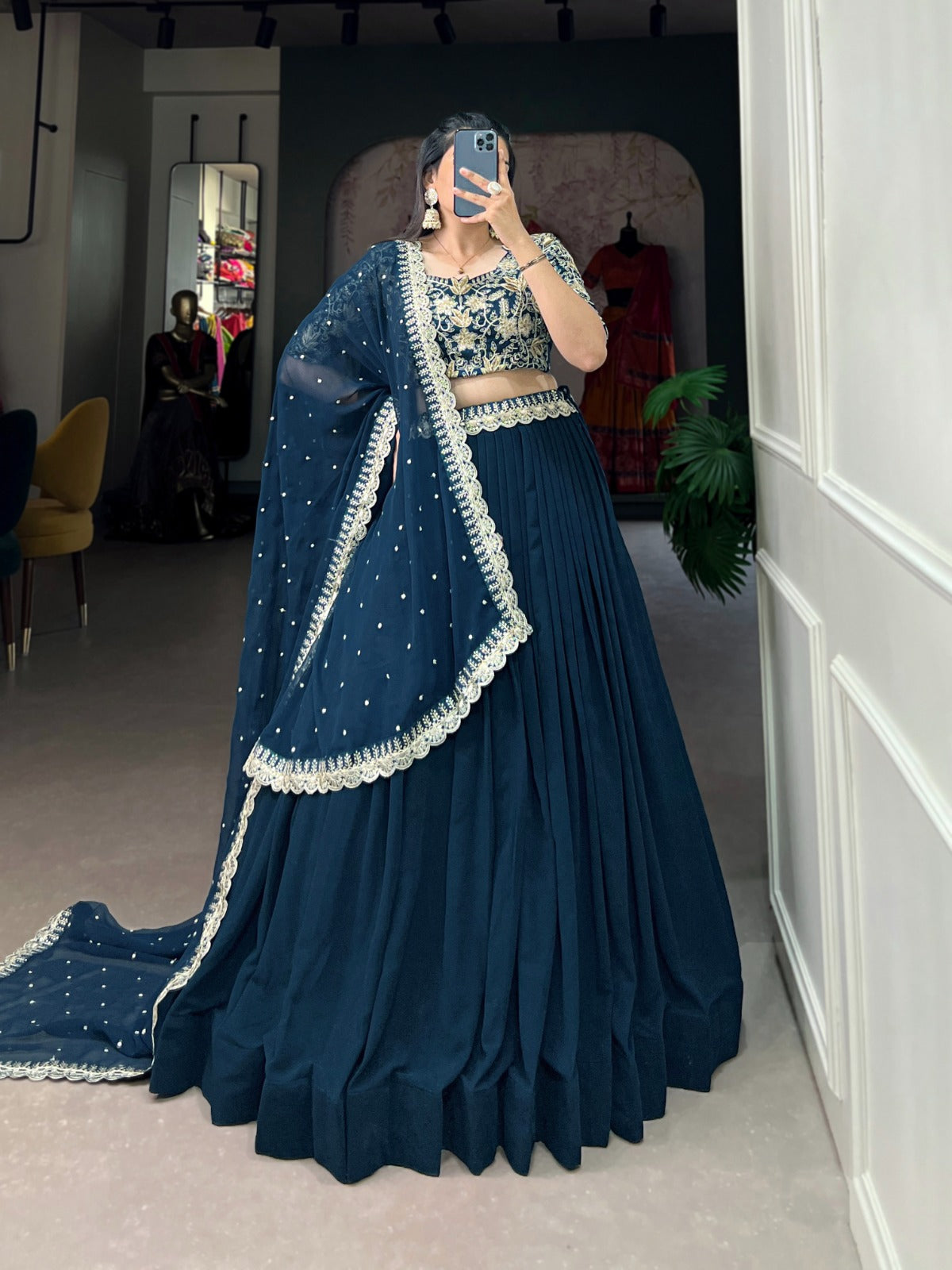 Radiant Teal Georgette Sequins Thread Worked Lehenga Choli - Ethnicwish
