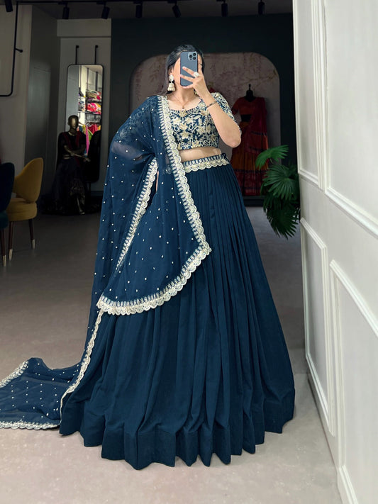 Radiant Teal Georgette Sequins Thread Worked Lehenga Choli - Ethnicwish