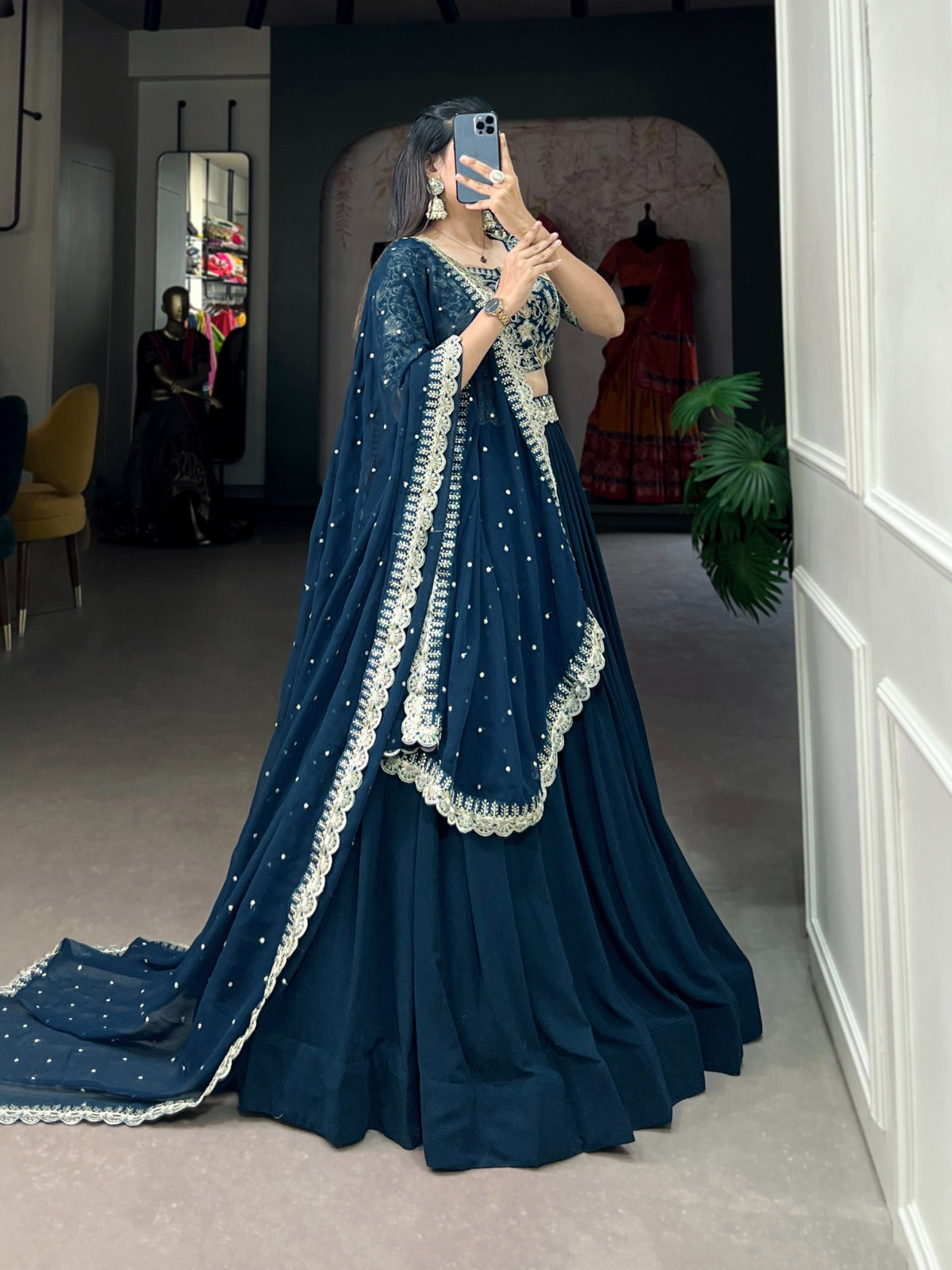 Radiant Teal Georgette Sequins Thread Worked Lehenga Choli - Ethnicwish