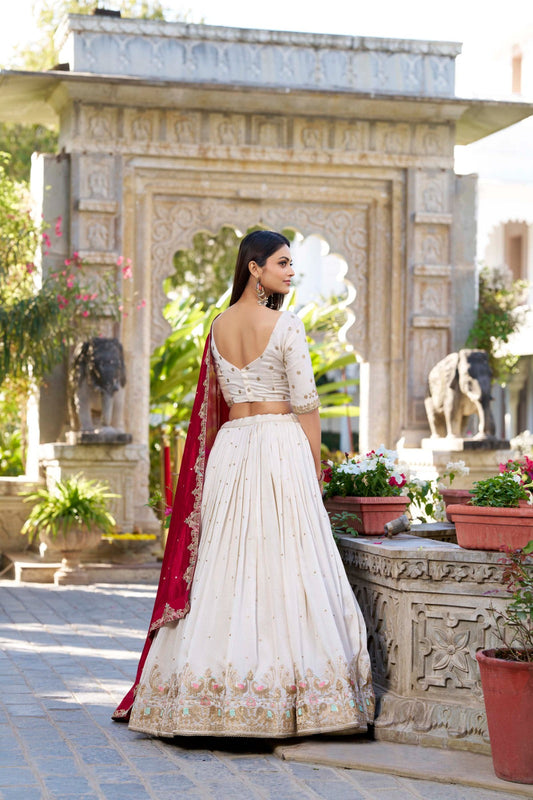 Lovely Off White Vichitra Silk Sequins Thread Worked Lehenga Choli - Ethnicwish