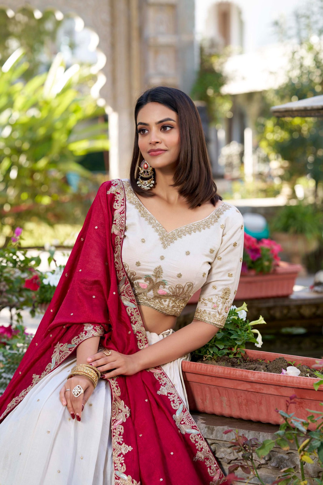 Lovely Off White Vichitra Silk Sequins Thread Worked Lehenga Choli - Ethnicwish