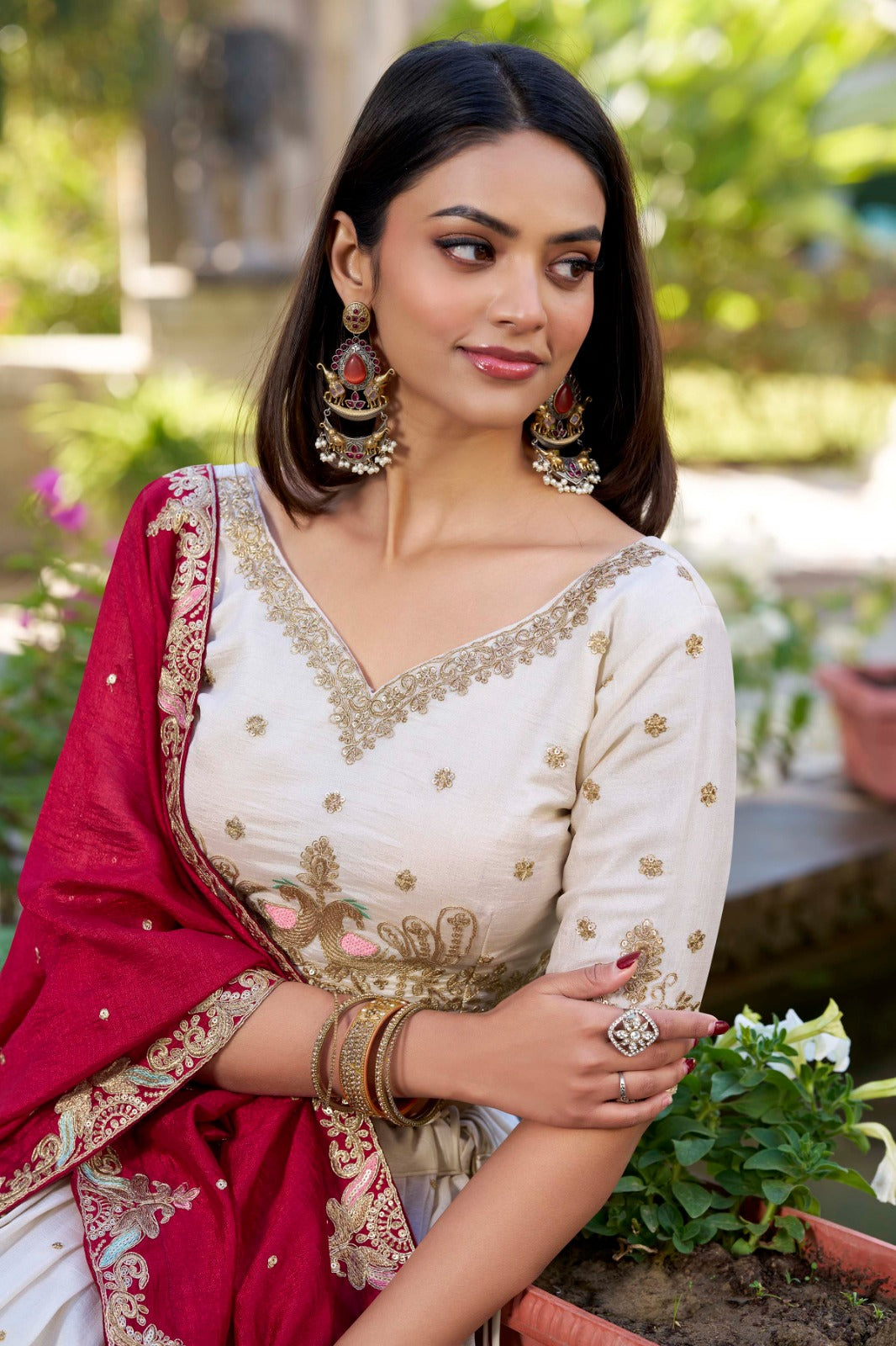 Lovely Off White Vichitra Silk Sequins Thread Worked Lehenga Choli - Ethnicwish