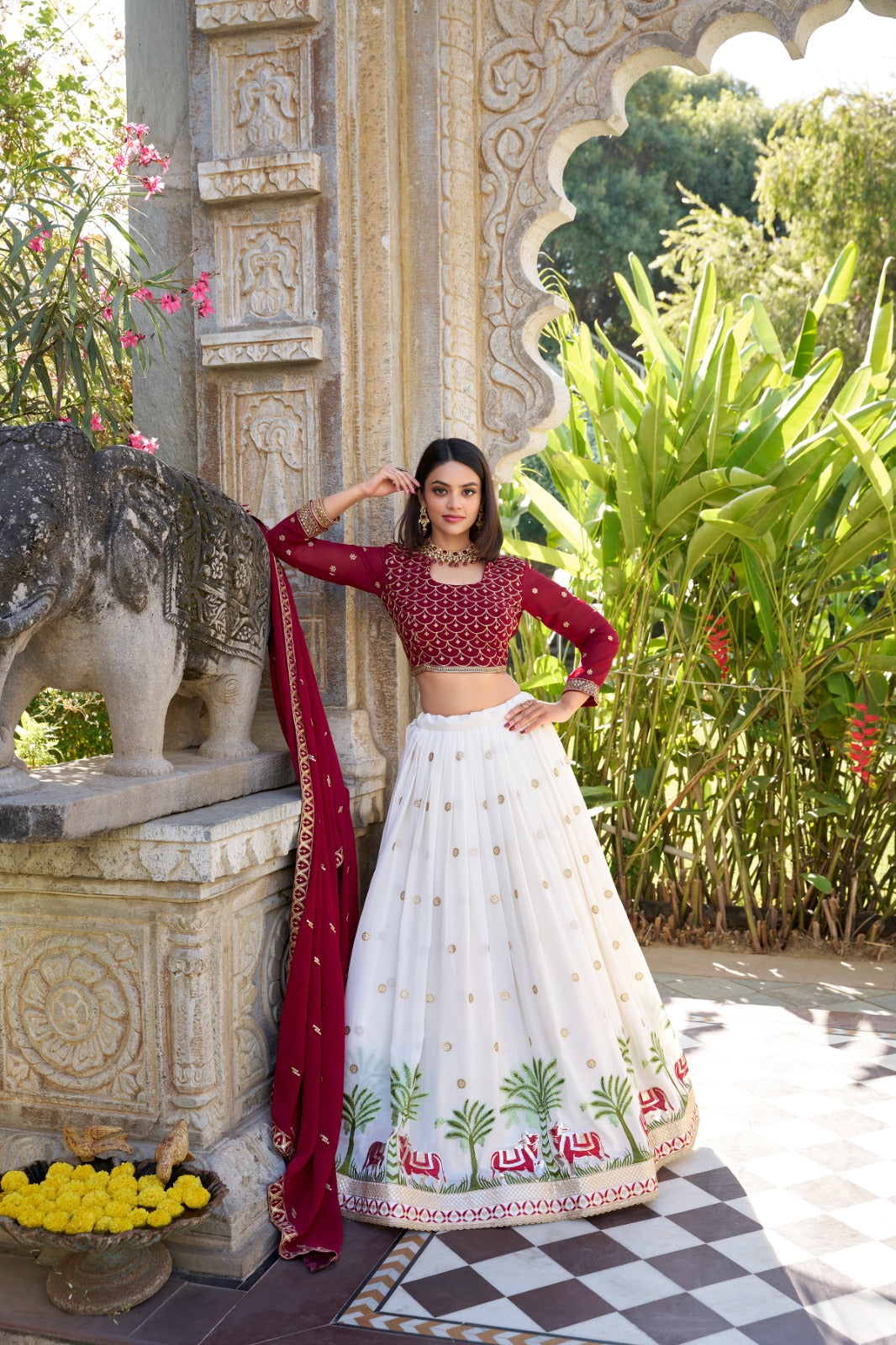Spectacular White Georgette Sequins Thread Worked Lehenga Choli - Ethnicwish